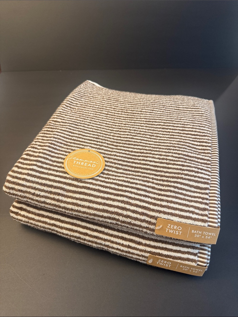 2pc COMMON THREAD 100% Zero Twist Cotton Bath Towel Set -MINISTRIPE -Brown/White